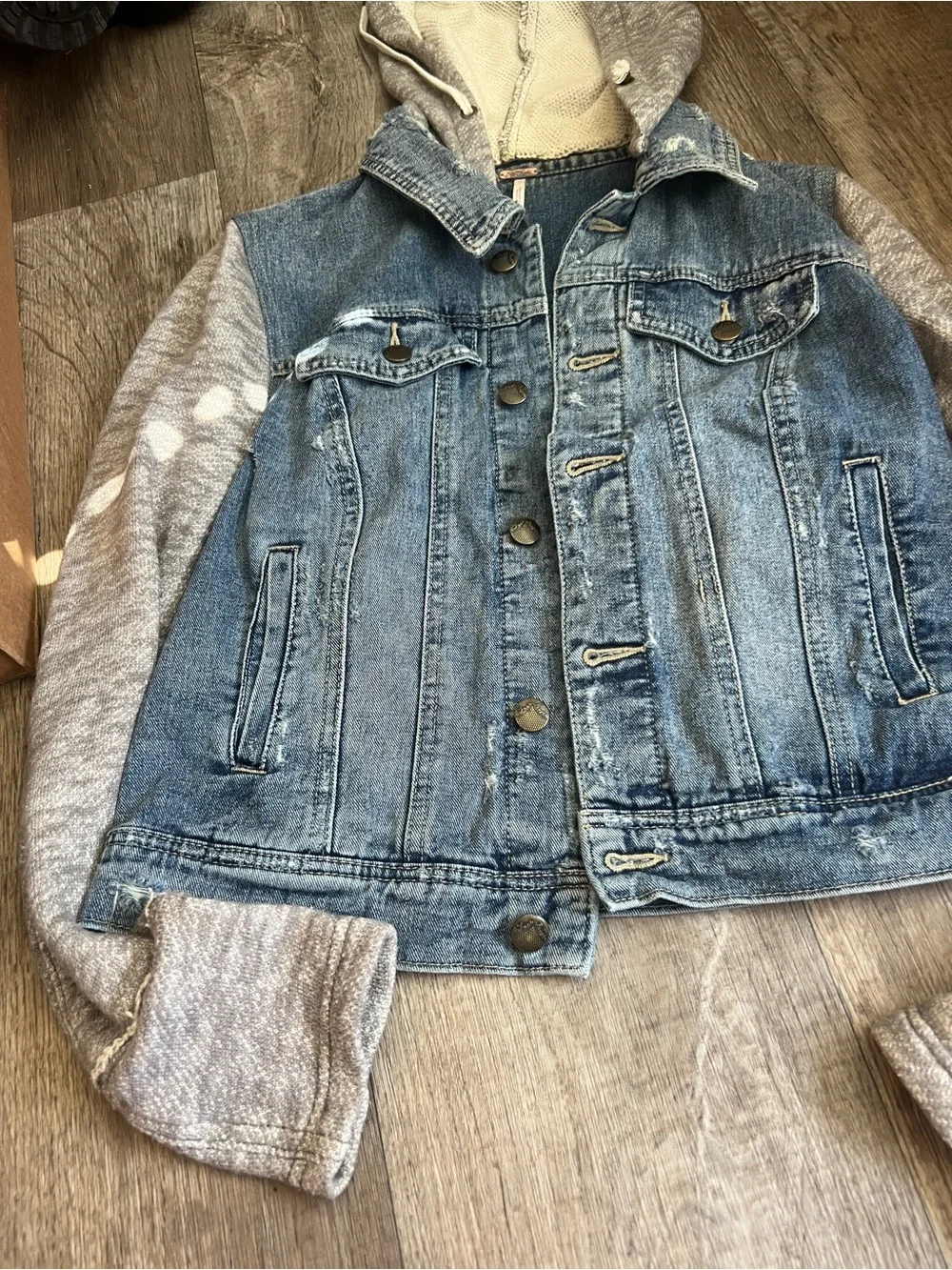 Free People | Distressed Knit Sleeve Denim Jacket S Grunge Hooded Streetwear - Picture 7 of 14